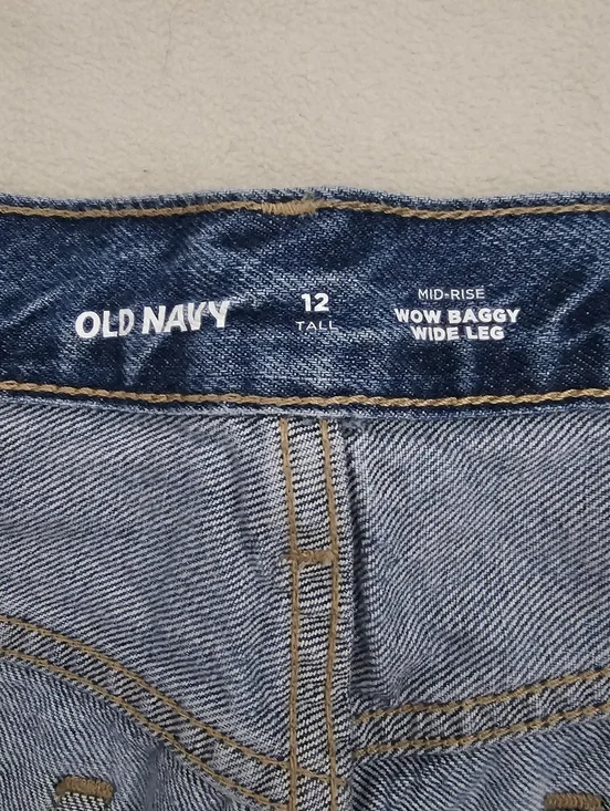 OLD NAVY 100% Cotton Wide-Leg Mid-Rise WOW Baggy Womens Jeans Washed Blue Sz 12T - Picture 2 of 16